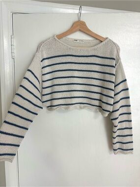 Pull&Bear Cropped Striped Boatneck Sweater - Ivory & Navy